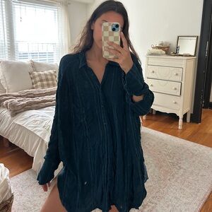 Free People Blue Textured Button Down Shirt